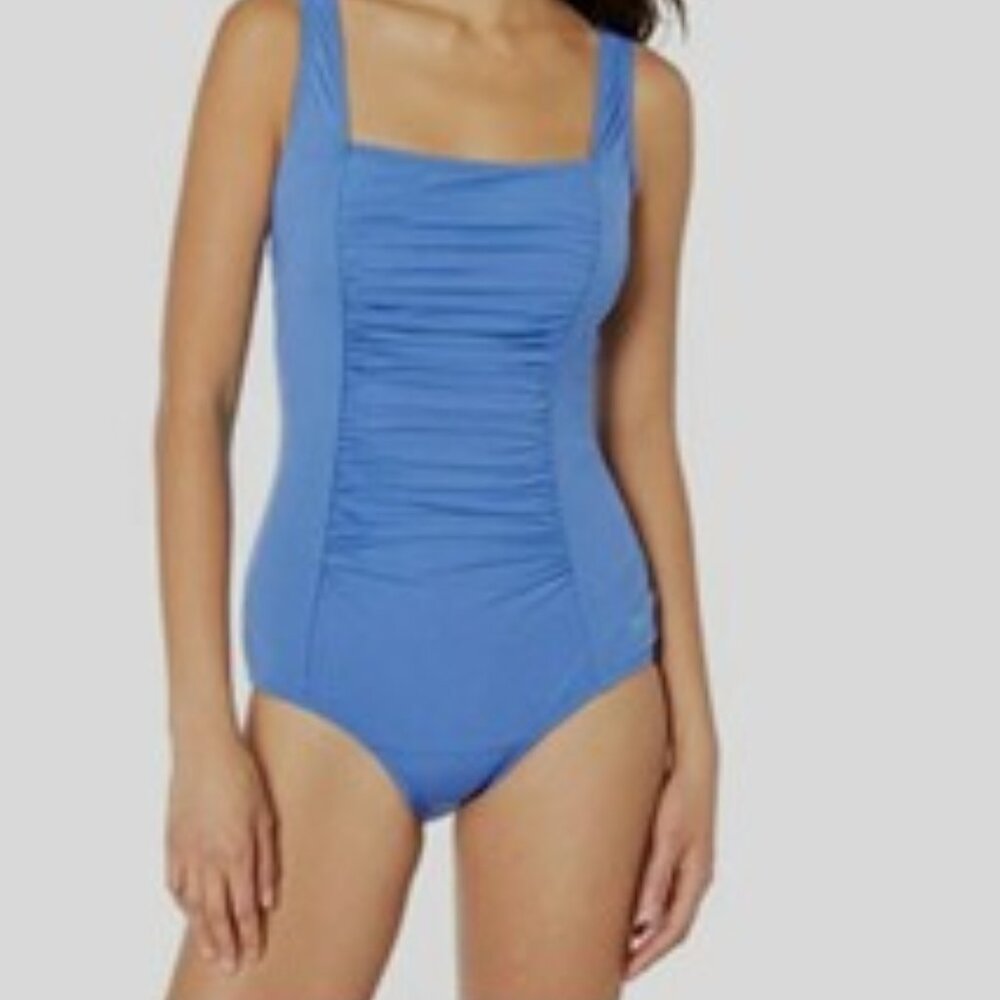 Speedo Women's Blue Ruched Square Neck One Piece Swimsuit Swimwear Size 6